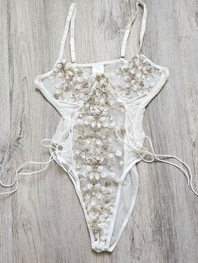 New White Jasmine Shimmer Mesh Applique Lingerie Teddy